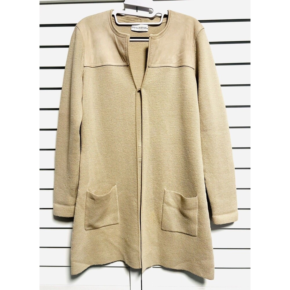 Doncaster Vintage Wool Longline Cardigan Suede Leather Trim Sweater Jacket Tan M